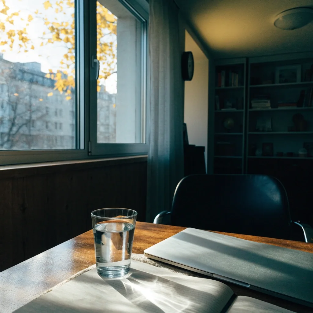 A quiet reading desk with an open notebook face-down, a glass of water and a closed laptop in cool autumn window light