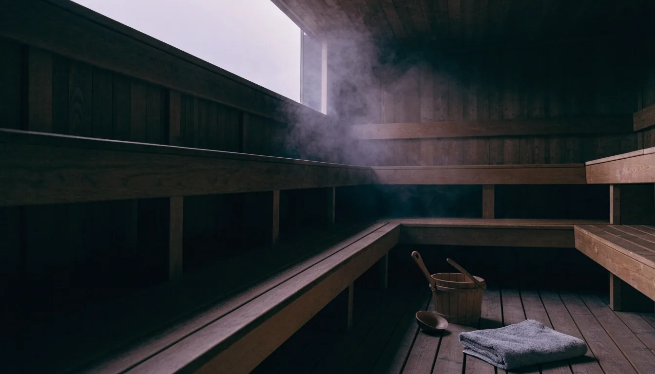 Steam curling over a sauna bench with a folded towel and wooden pail in low daylight