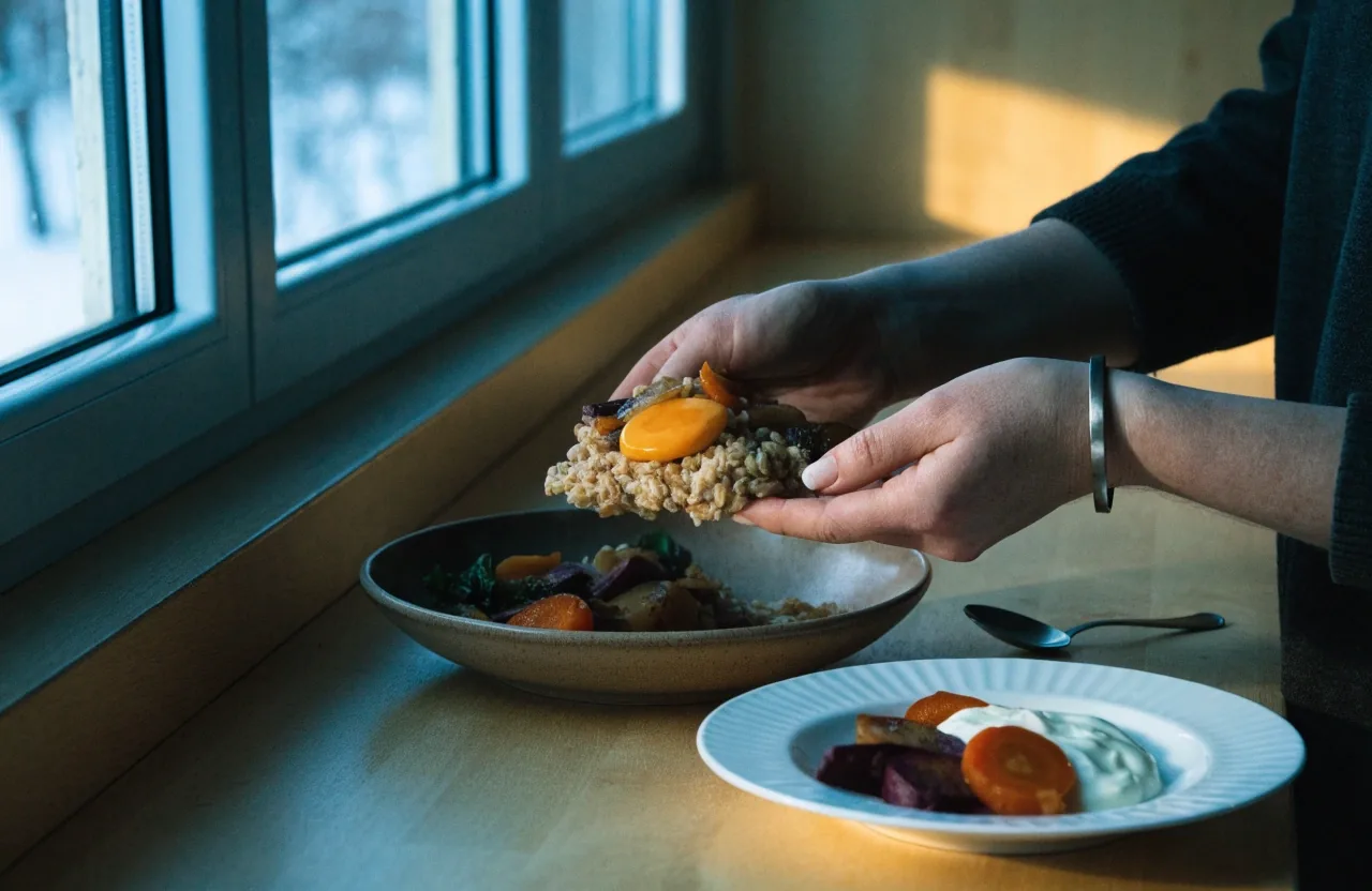 A shallow bowl of warm grain salad with roasted root vegetables on a stone surface
