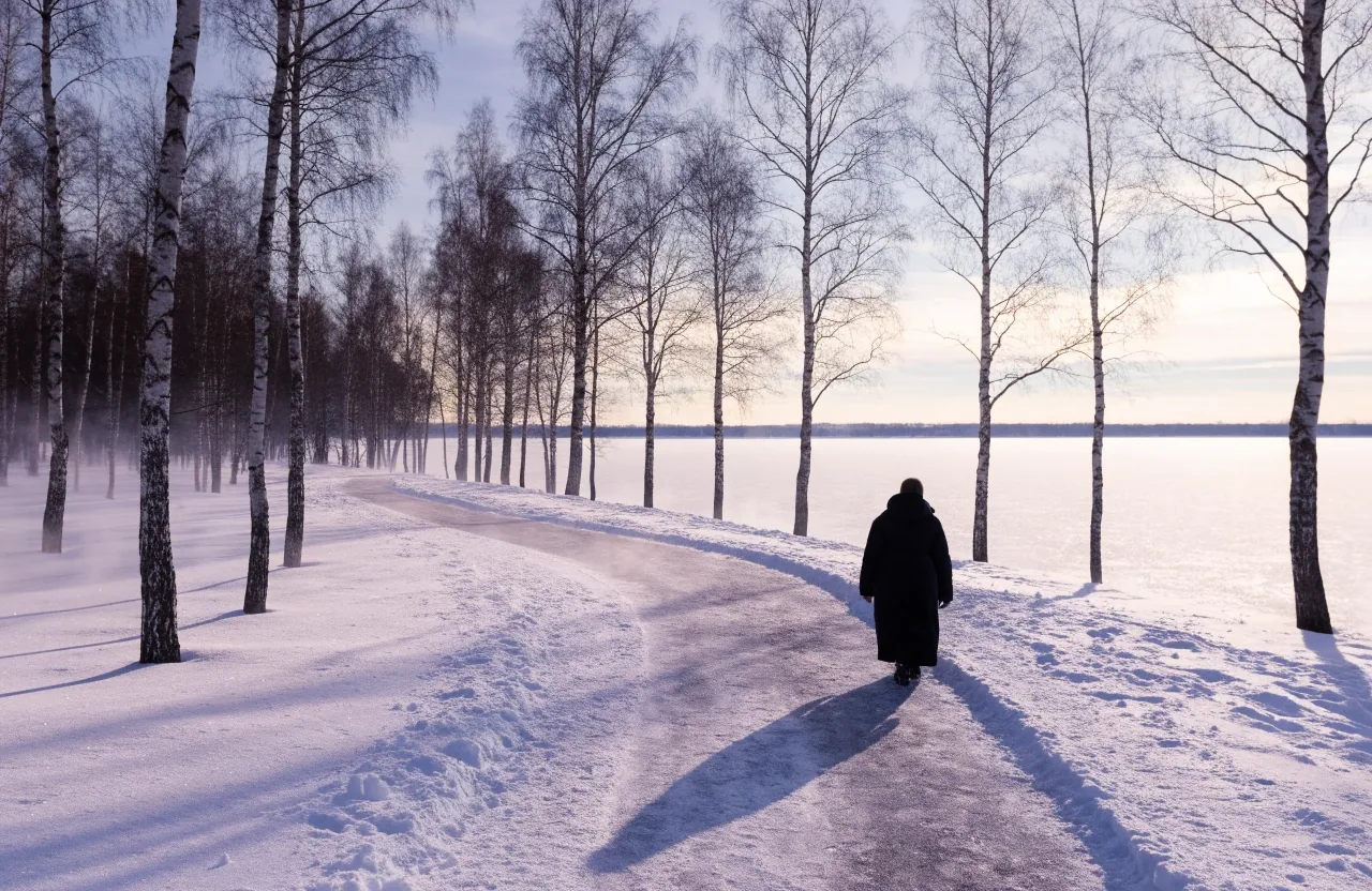 A person in a winter coat walking a snow-covered path beside a Finnish lake at midday