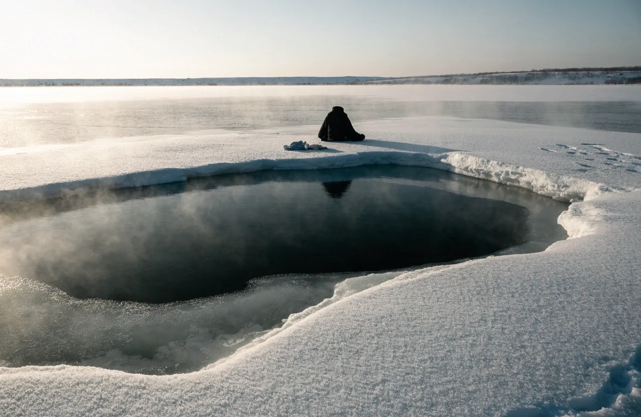 Steam rising from an ice hole cut in a frozen Finnish lake