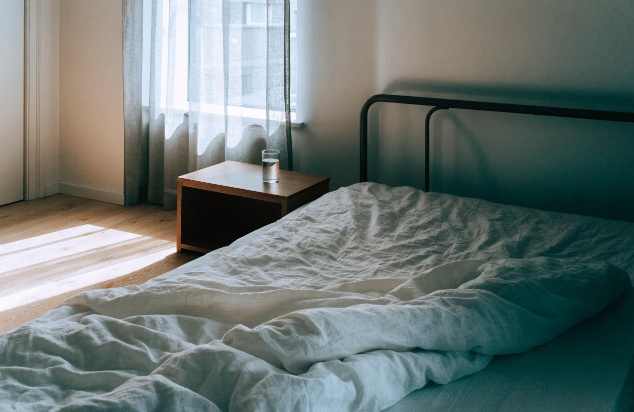 An unmade bed in a pale Scandinavian room with soft morning daylight falling across the sheets