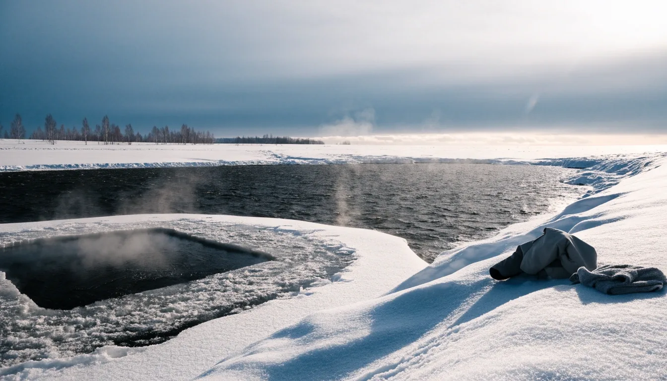 A cut swimming hole in the ice with steam rising and a coat left on the snow