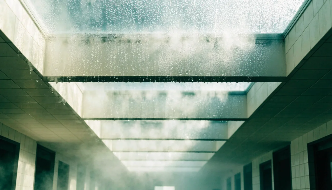 Condensation on the skylights of a Finnish bathhouse ceiling