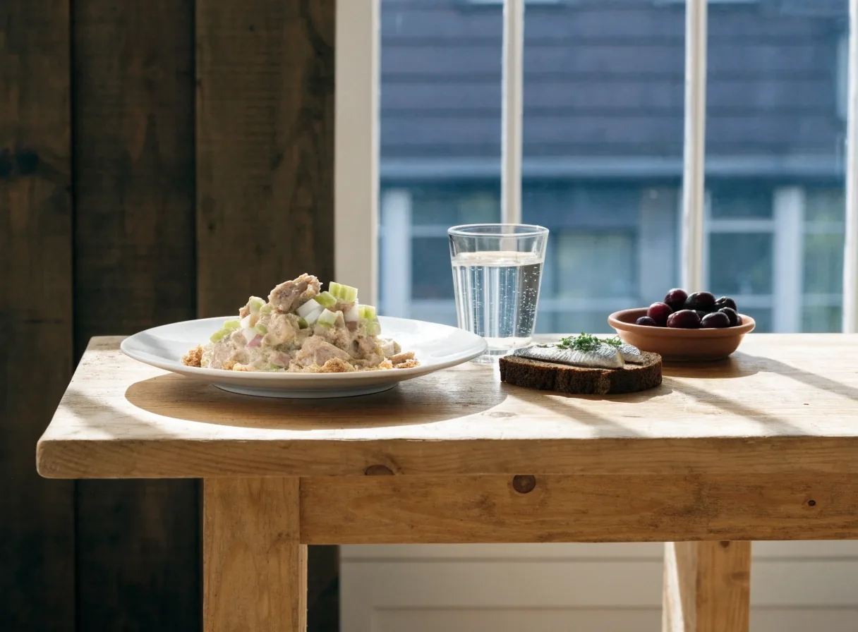 Rye bread, cured salmon and berries on a Finnish kitchen counter in daylight