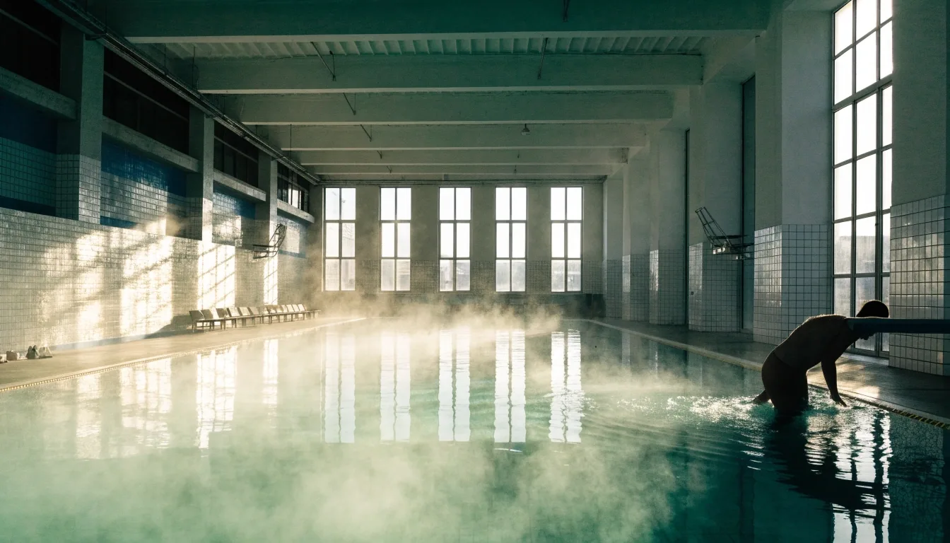 Swimmer entering the water in a Finnish public pool, steam and noon daylight across the hall