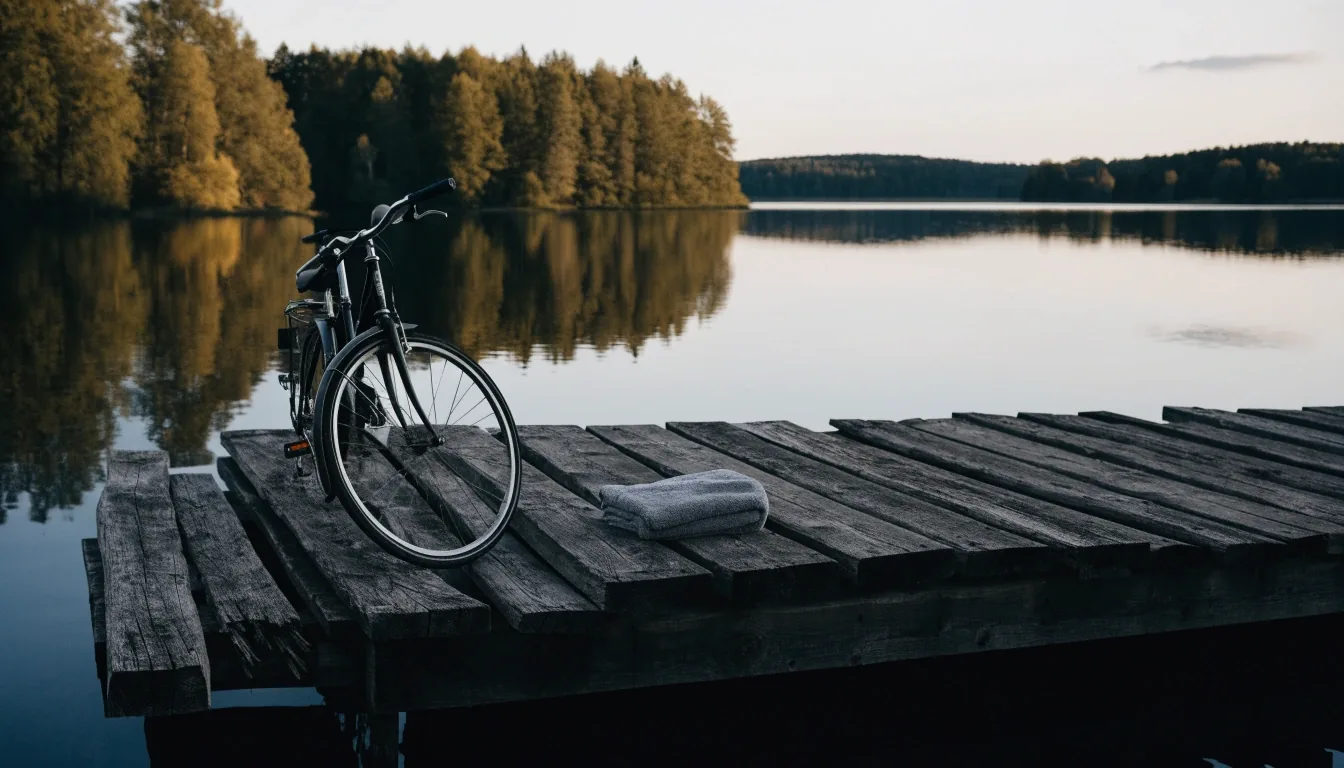 A bicycle resting on a wooden lakeside dock with a towel in late summer light