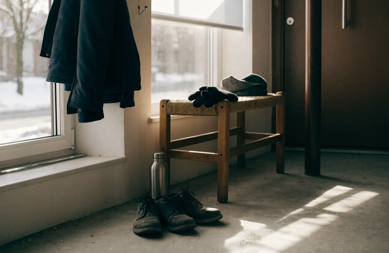 Worn walking shoes, gloves and a water bottle waiting by the door on a winter morning