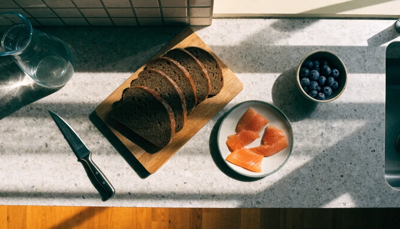 Overhead kitchen counter with rye bread, cured salmon, and blueberries in daylight